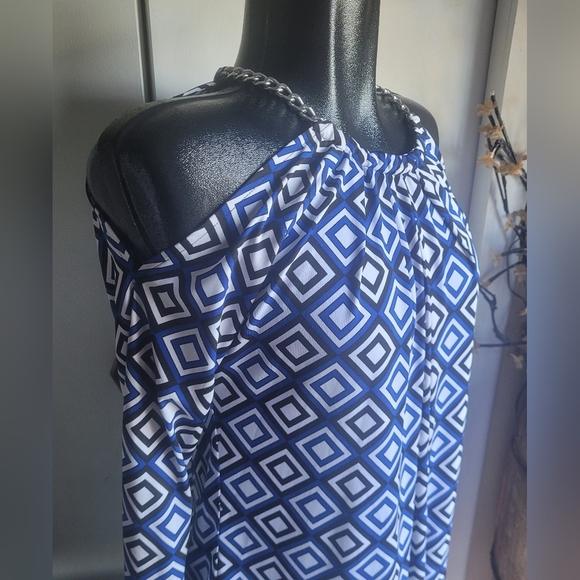 Michael Kors Blue and White Square Print Long Sleeve Cold Shoulder Top M - Picture 5 of 7